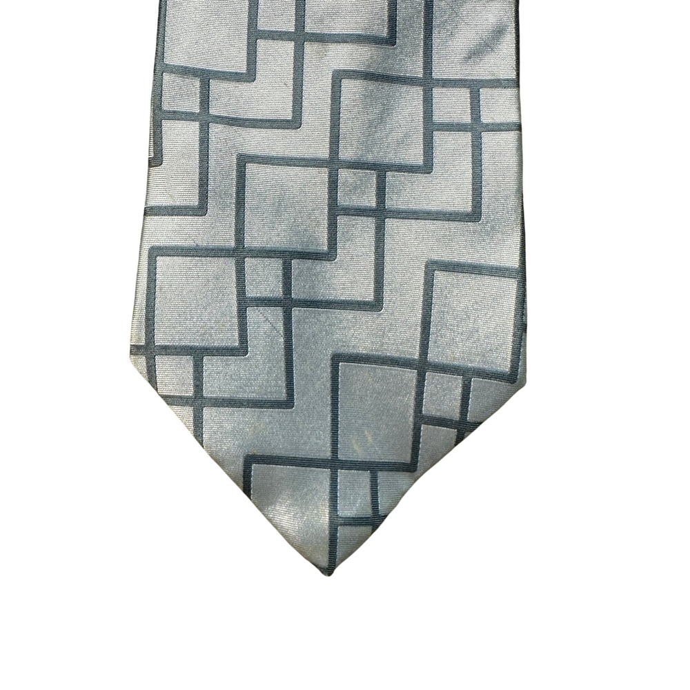 Perry Ellis Portfolio Mens Silk Tie Silver Grey Geometric Square Pattern Formal